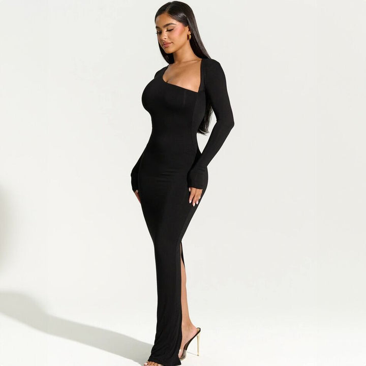 Damen elegantes Wickel-Maxi-Kleid mit asymmetrischem Halsausschnitt Drune