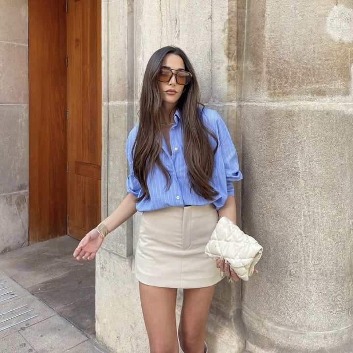 Damen lässige gestreifte Bluse mit klassischen Knopfdetails und Brusttaschen Drune