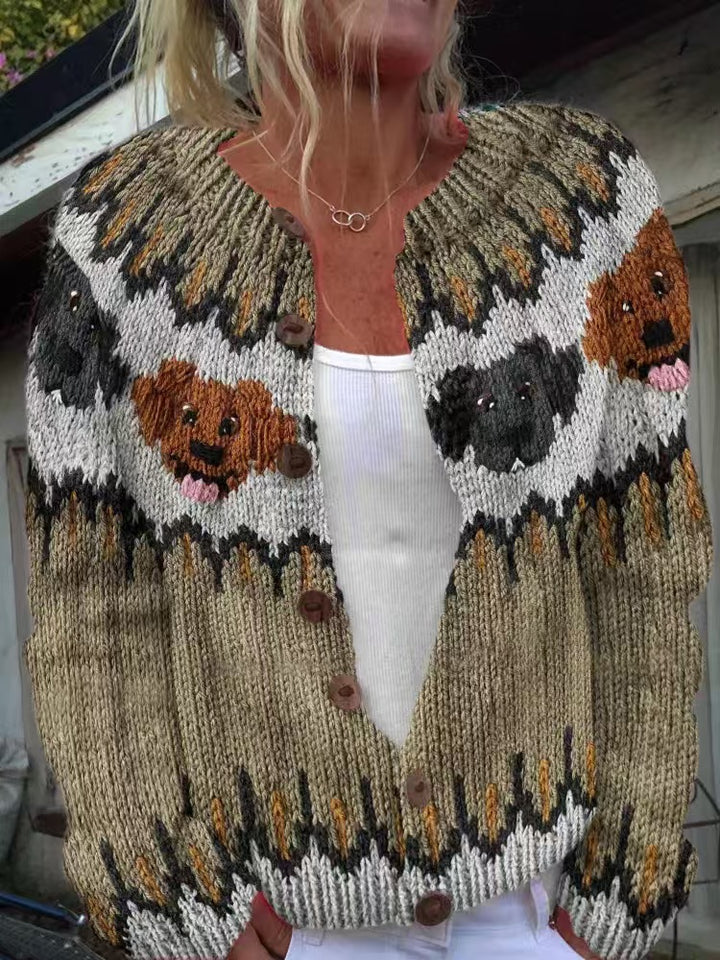 Damen nan gemusterte Strickjacke mit Rundpasse, Holzknöpfen und Eingrifftaschen Drune