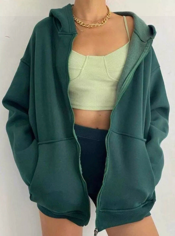 Damen nan minimalistisches French-Terry Zip-Hoodie mit durchgehendem Reißverschluss, Kängurutasche und Daumenloch-Ärmeln Drune