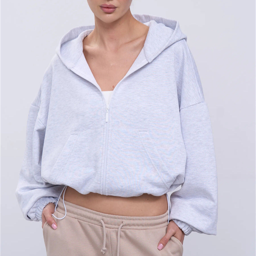 Damen lässiger cropped Kapuzenpullover mit voluminösen Ärmeln Drune