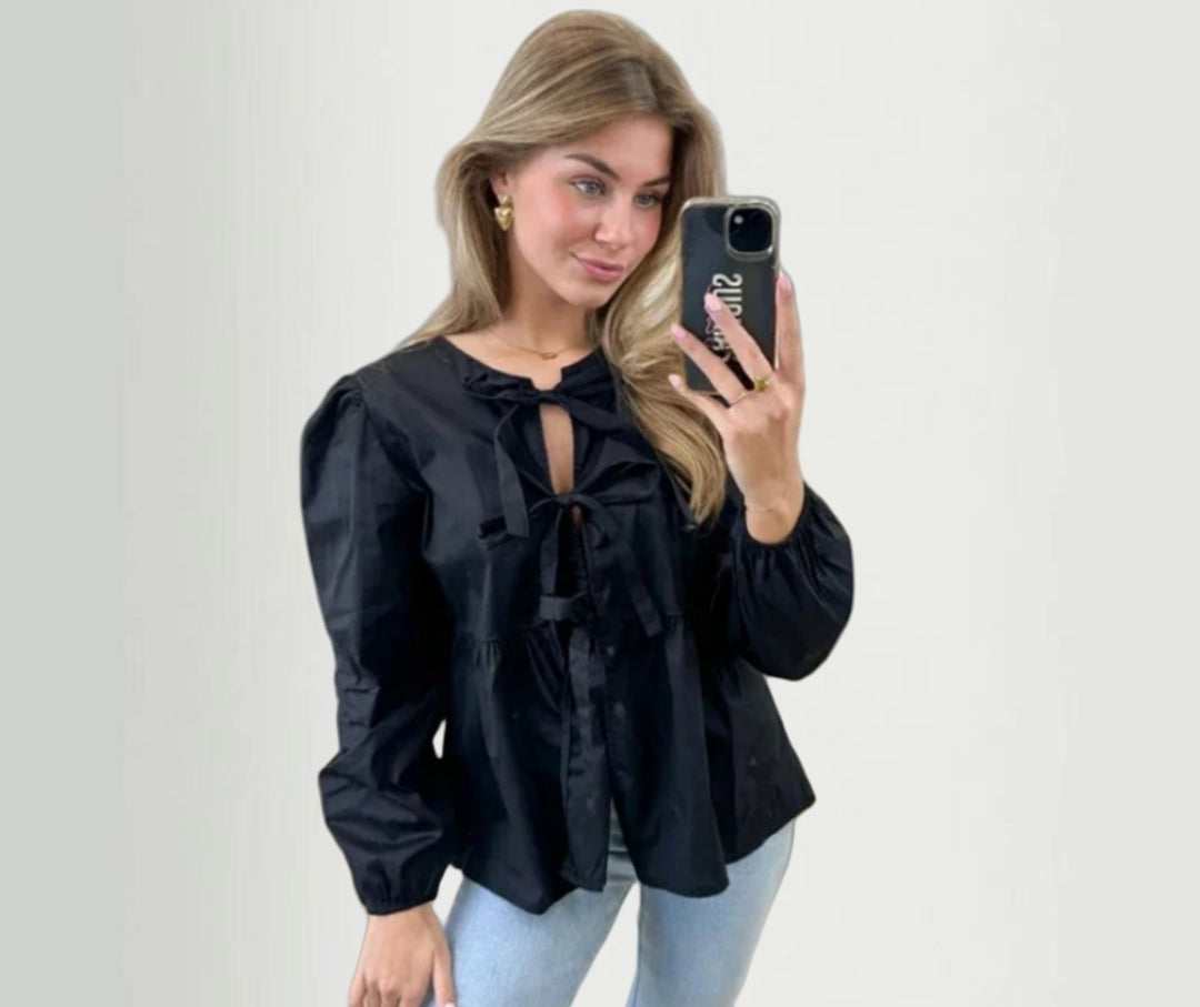 Damen Bluse mit Volantärmeln und Schleifenband Drune