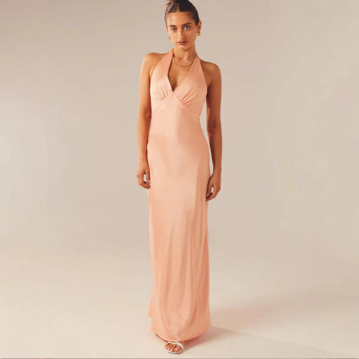 Damen Elegantes ärmelloses Hochzeitskleid mit Taillierungsband und fließendem Stoff Drune