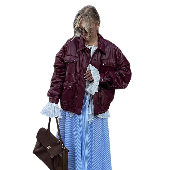 Damen oversized Kunstlederjacke mit funktionalen Taschen und elastischem Bund Drune