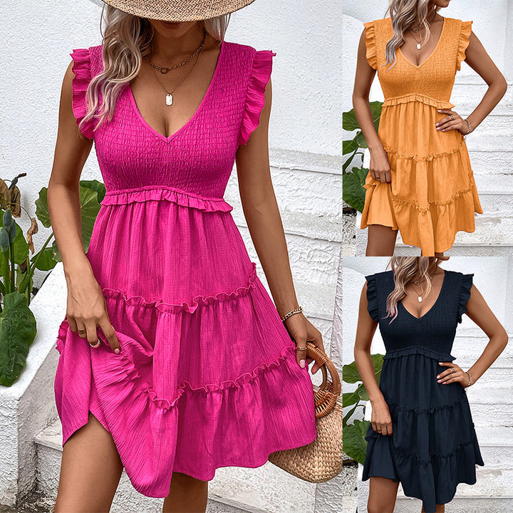 Damen lässiges Sommerkleid mit Rüschendetails und V-Ausschnitt Drune