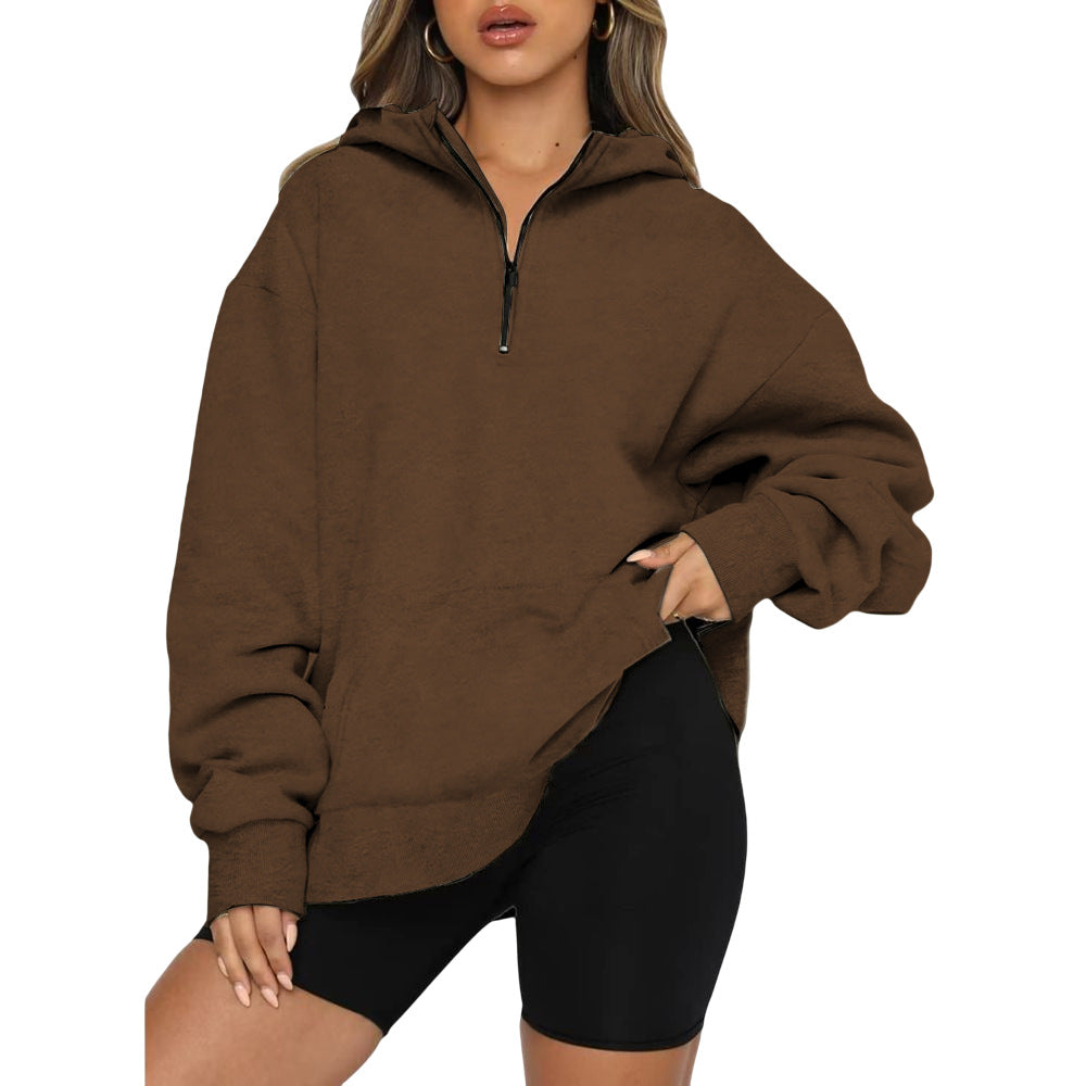 Damen Oversize Kapuzenpullover mit halbem Reißverschluss Drune