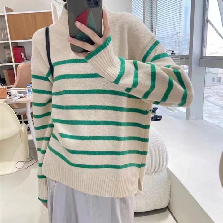 Damen Lässiger Strickpullover mit geringelten Design Drune