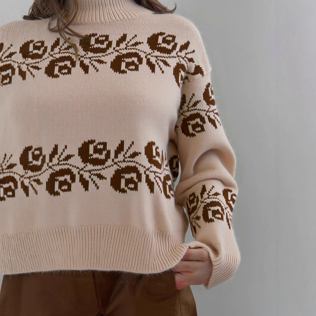 Damen Strickpullover mit floralem Jacquard-Muster und hohem Kragen Drune