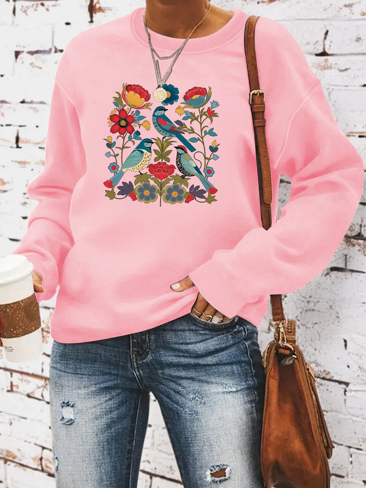 Damen Sweatshirt mit floralem Vogelmotiv und lässigem Schnitt Drune