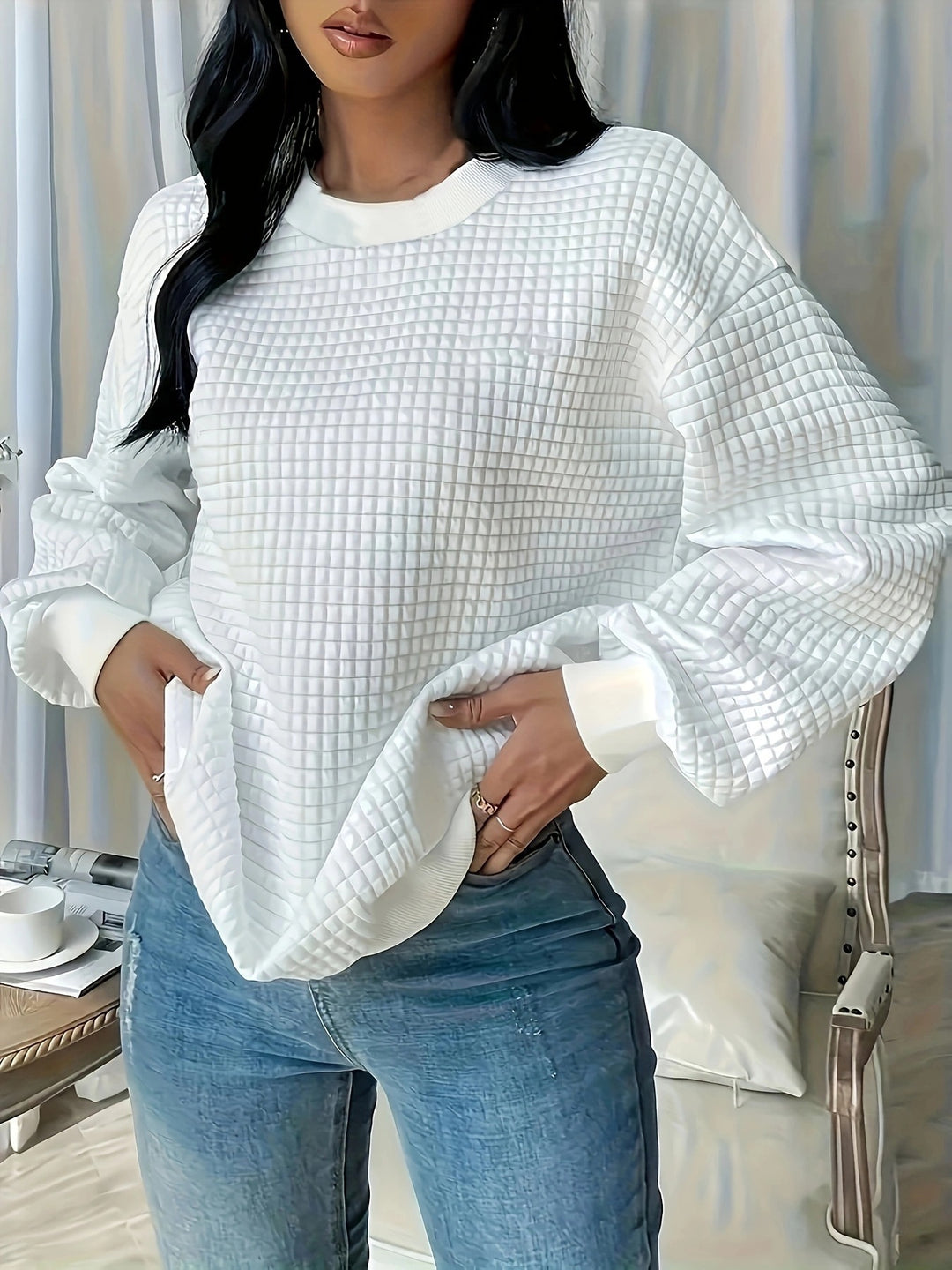 Damen Pullover mit strukturiertem Waffeldesign und lässigem Schnitt Drune