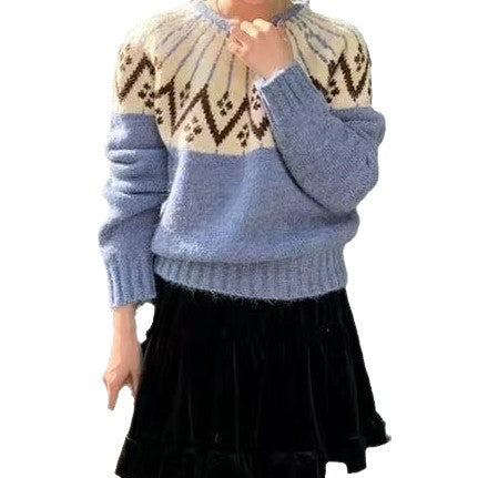 Damen Gemütlicher Strickpullover mit geometrischem Print und Rundhalsausschnitt Drune