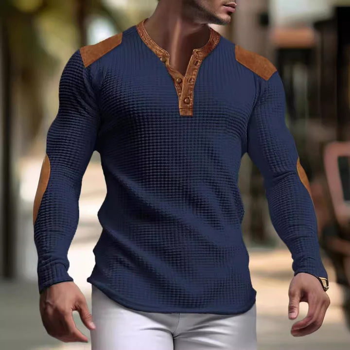 Herren Langarm-Henley-Shirt mit strukturiertem Gewebe und Kontrastdetails Drune
