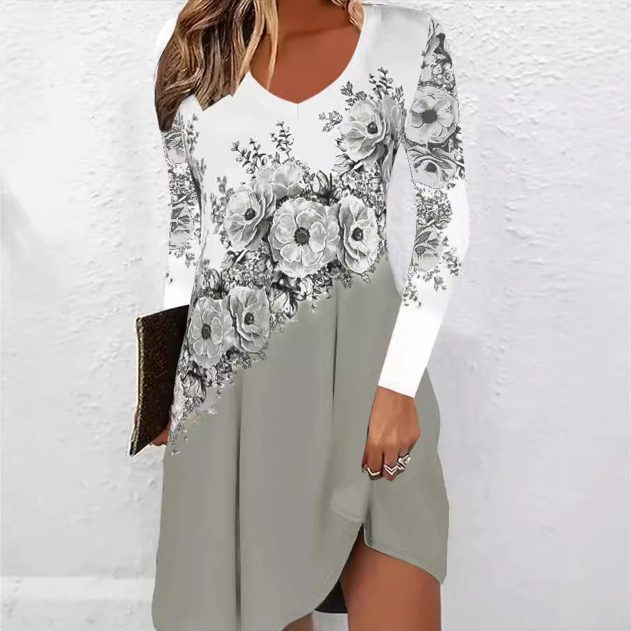 Damen V-Ausschnitt Kleid mit floralen Akzenten und asymmetrischem Schnitt Drune