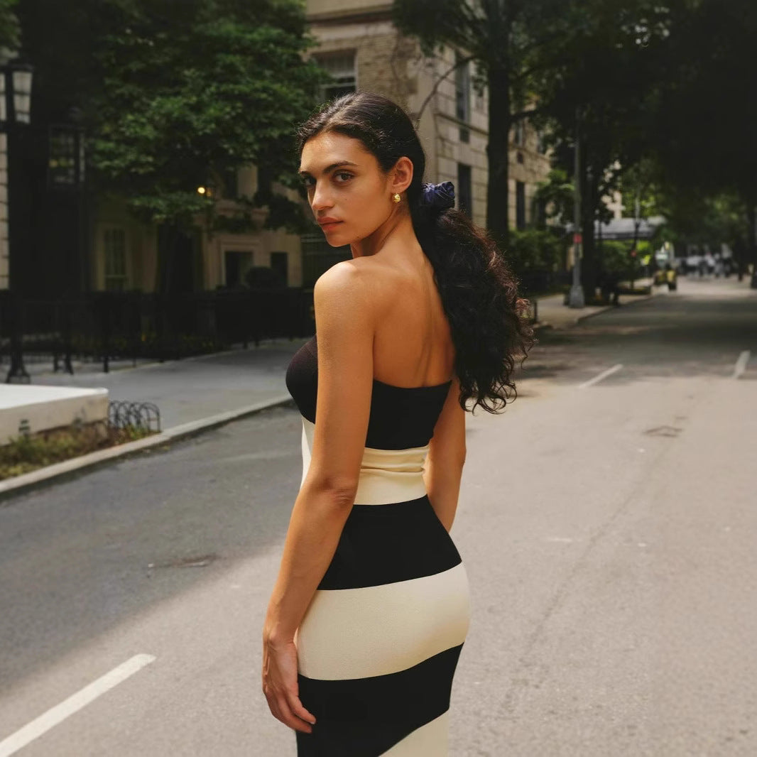 Damen schickes Bandeau-Maxikleid mit grafischem Streifenmuster und figurbetontem Schnitt Drune