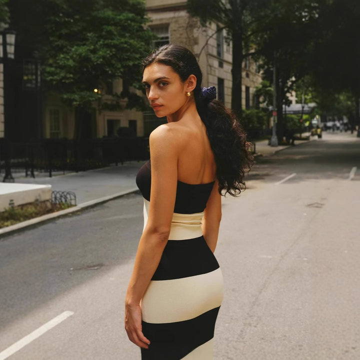 Damen schickes Bandeau-Maxikleid mit grafischem Streifenmuster und figurbetontem Schnitt Drune