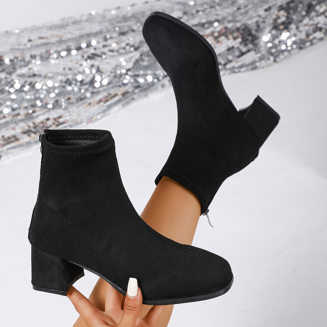 Damen nan knöchelhohe Veloursoptik-Stiefelette mit mittelhohem Blockabsatz und schlanker Vorderkappe Drune