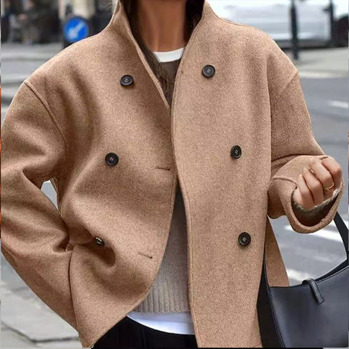 Damen modische Wolljacke mit doppelter Knopfleiste und hohen Kragen Drune