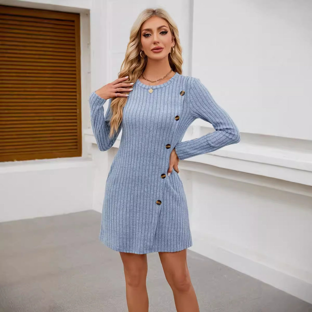 Damen Strickkleid mit hochwertigem Rippdesign und dekorativen Knöpfen Drune