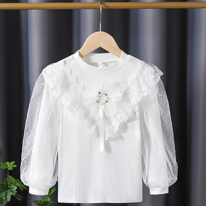 Mädchen Langarmshirt mit elegantem Tüllbesatz und Blumendekor Drune
