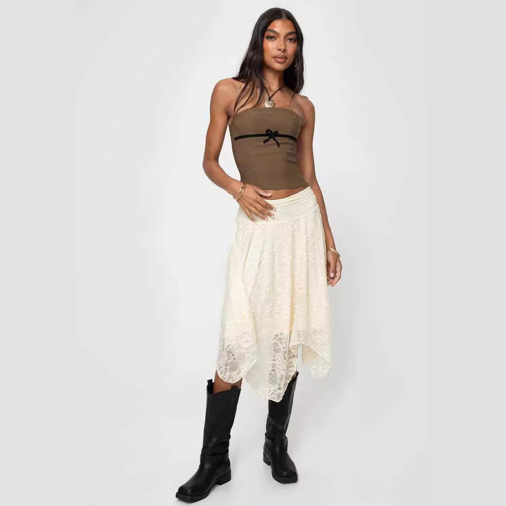 Damen moderne Spitzenmidi-Rock mit asymmetrischem Saum Drune