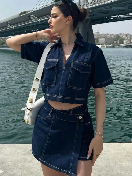 Damen modisches Denim-Kurzoberteil und Rock Set Drune