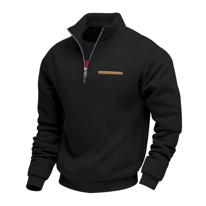 Herren nan Sweatshirt mit halbem Reißverschluss, Stehkragen und Brust-Welttasche Drune