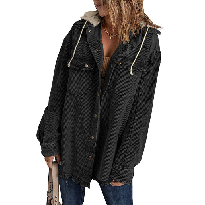 Drune | Damen Kapuzenjacke – Corduroy – Oversized Fit – Knopfverschluss – Ausfrans Saum Casual