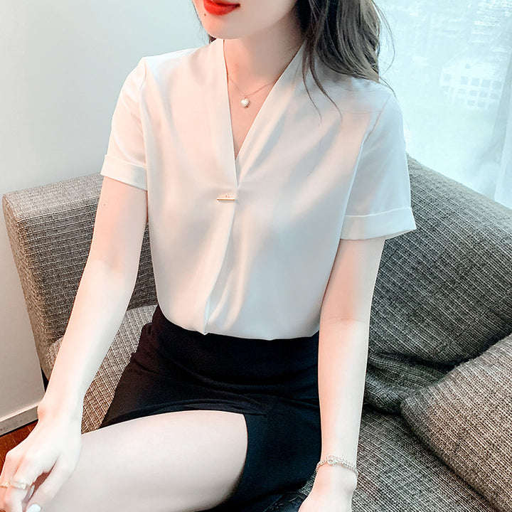 Damen Elegante Bluse mit V-Ausschnitt und modischem Knopfdetail Drune
