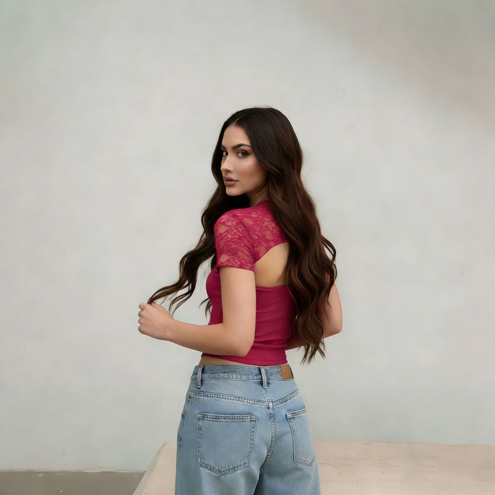Damen Cropped Top mit Spitzenmuster und figurbetontem Schnitt Drune