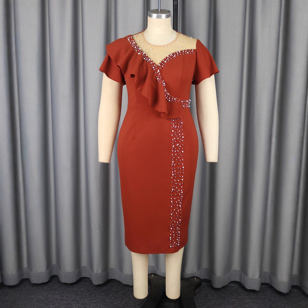Damen figurbetontes Kleid mit Rüschenkragen und funkelnden Applikationen Drune
