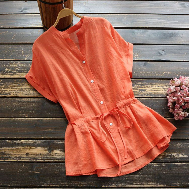 Damen Button-Up Tunika mit tailliertem Design und kurzen Ärmeln Drune