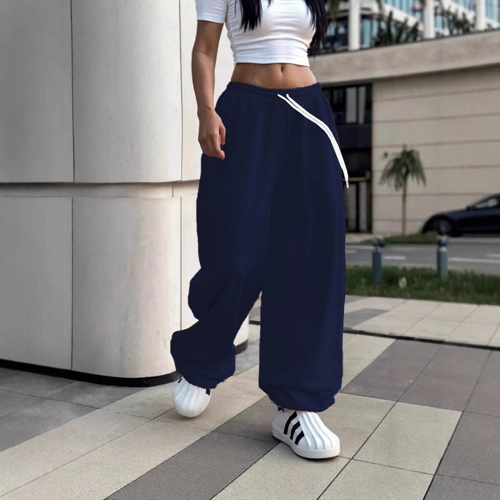 Damen nan weite Baggy-Jogginghose mit hohem Komfortbund, Kordelzug und elastischen Knöchelbündchen Drune
