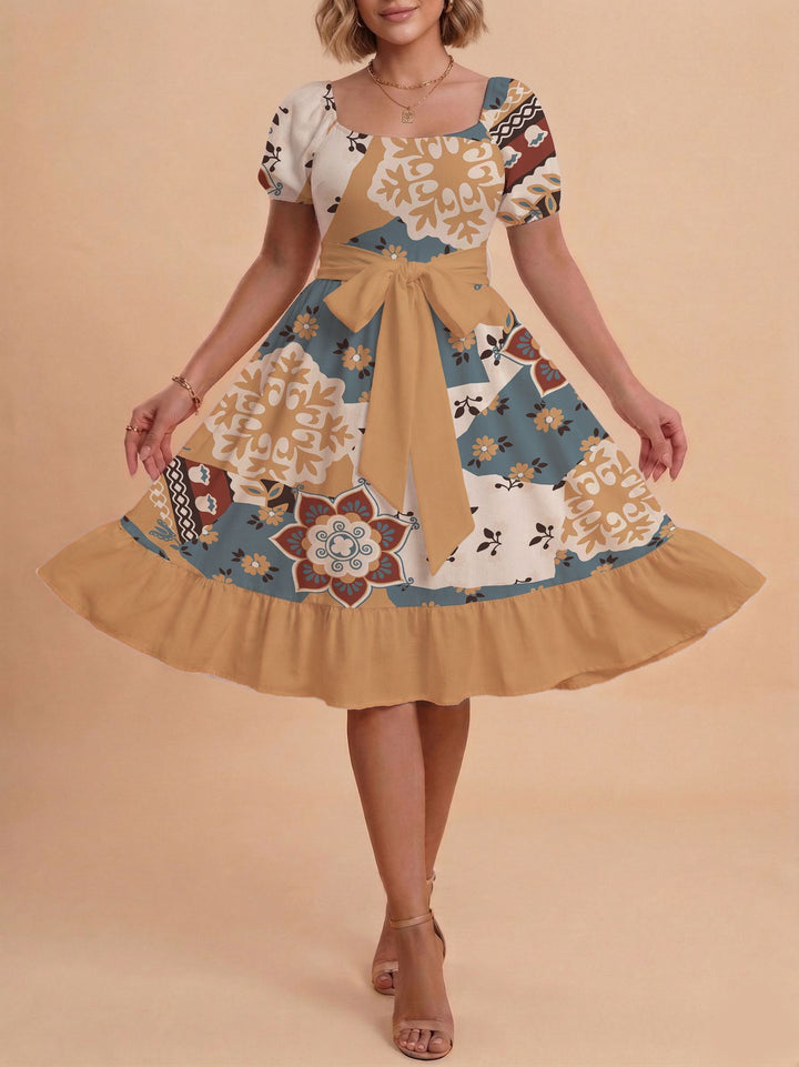 Damen Retro Maxikleid mit Puffärmeln und Taillengürtel Drune