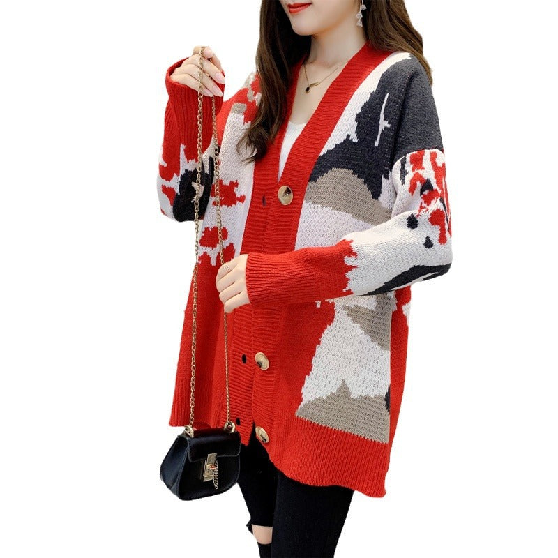 Damen modische Strickjacke mit auffälligem Muster und goldenen Knöpfen Drune