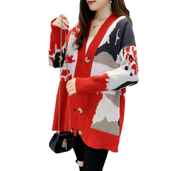 Damen modische Strickjacke mit auffälligem Muster und goldenen Knöpfen Drune