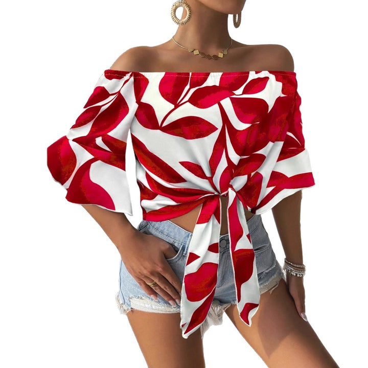 Damen Off-Shoulder Bluse mit floralem Muster und taillierbarem Knoten Drune
