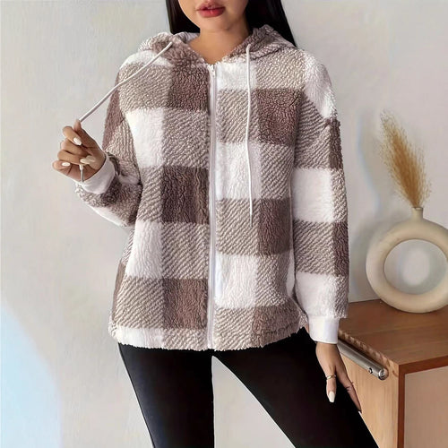 Damen Übergangsjacke aus weichem Teddy-Material mit Karo-Muster Drune