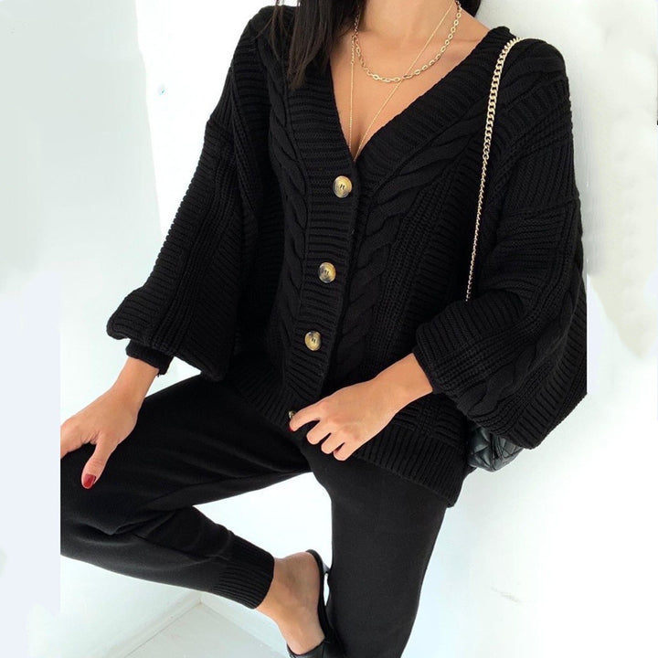 Damen Grobstrickjacke mit V-Ausschnitt und Knöpfen Drune