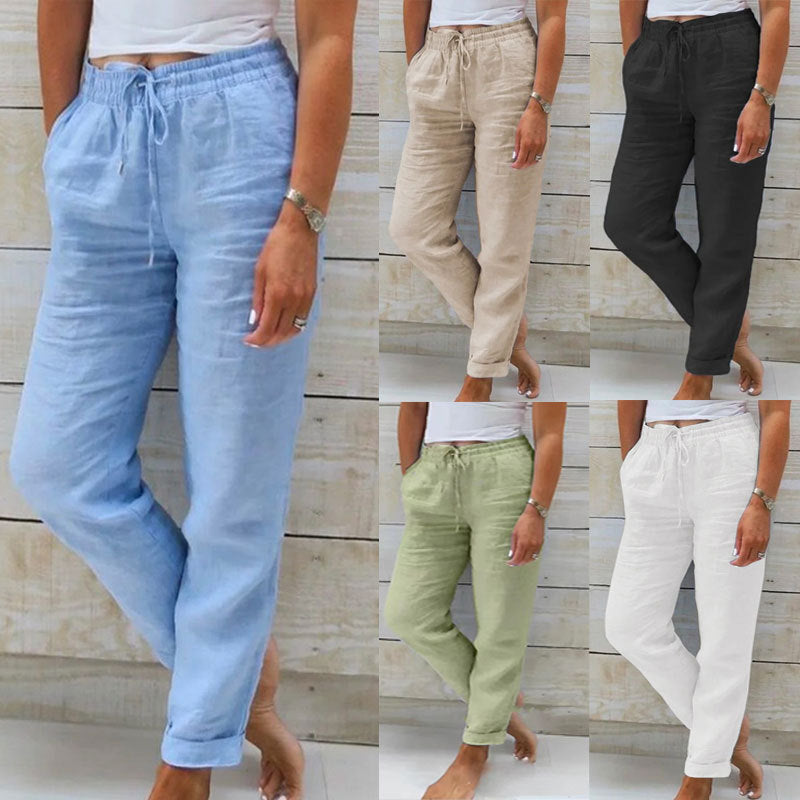 Damen nan lässige Leinenhose mit elastischem Bund und Kordelzug Drune