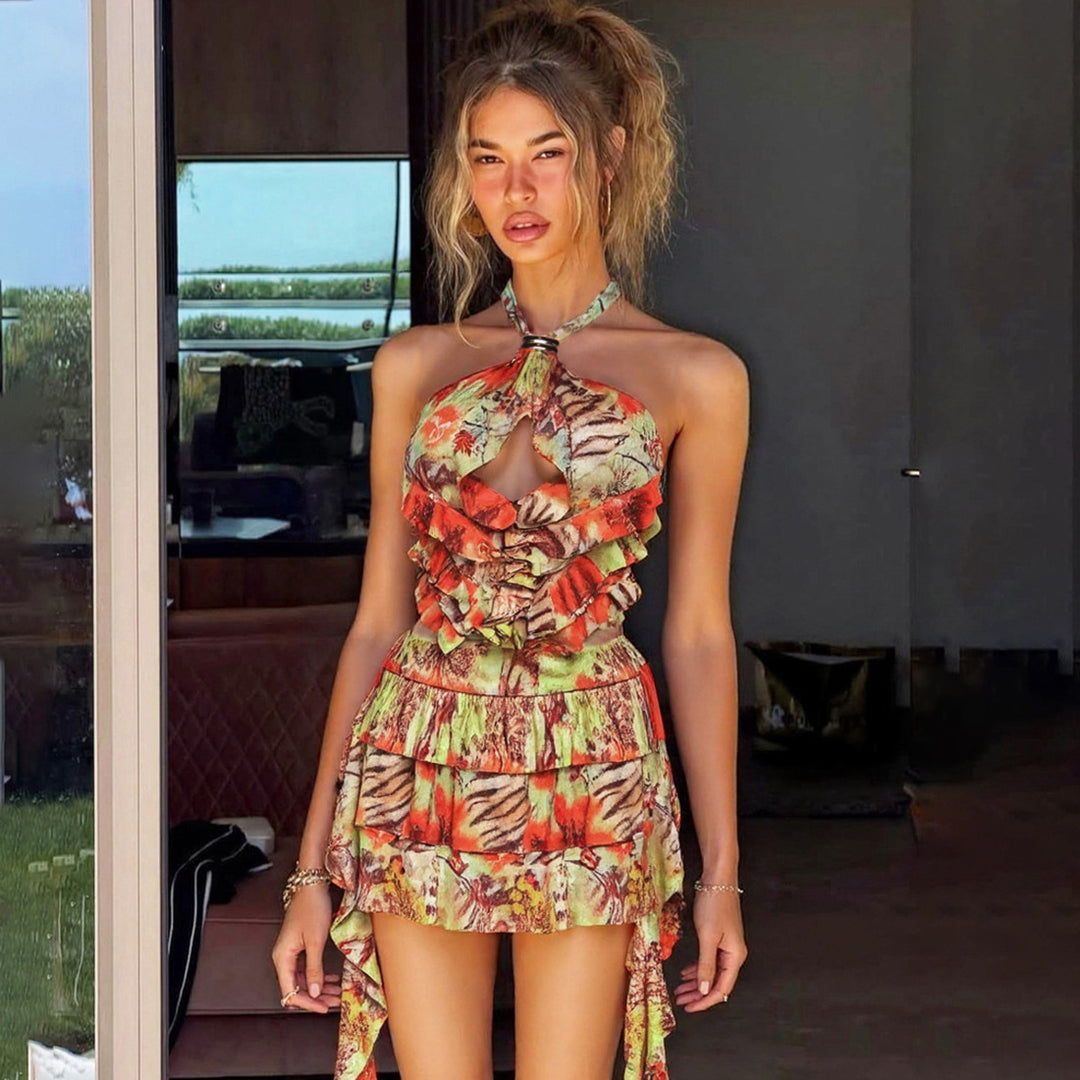 Damen Rüschenkleid mit floralen Motiven und verstellbarem Träger Drune