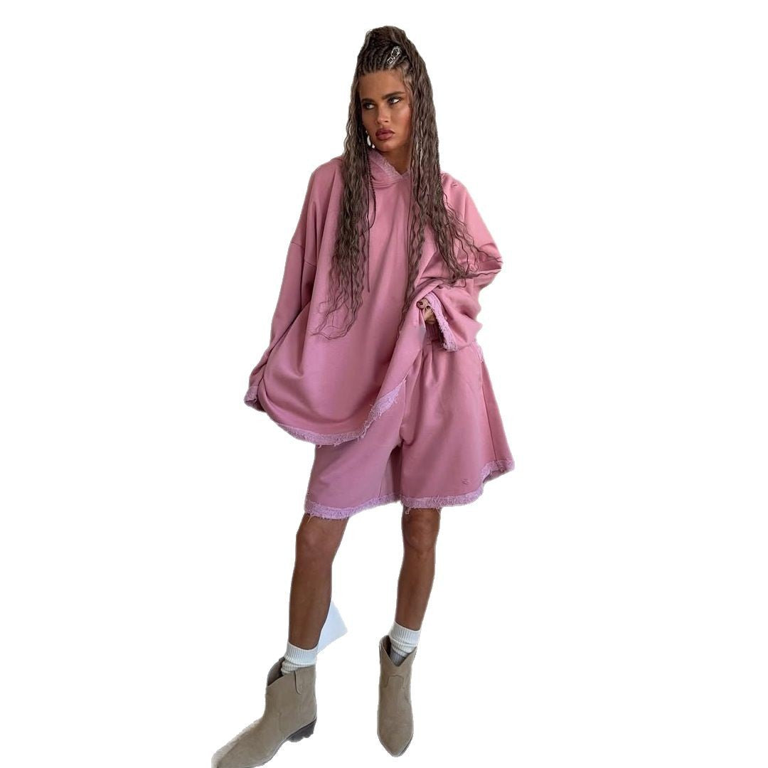 Damen sportlicher Oversized Hoodie mit fransigen Details und Shorts-Set Drune
