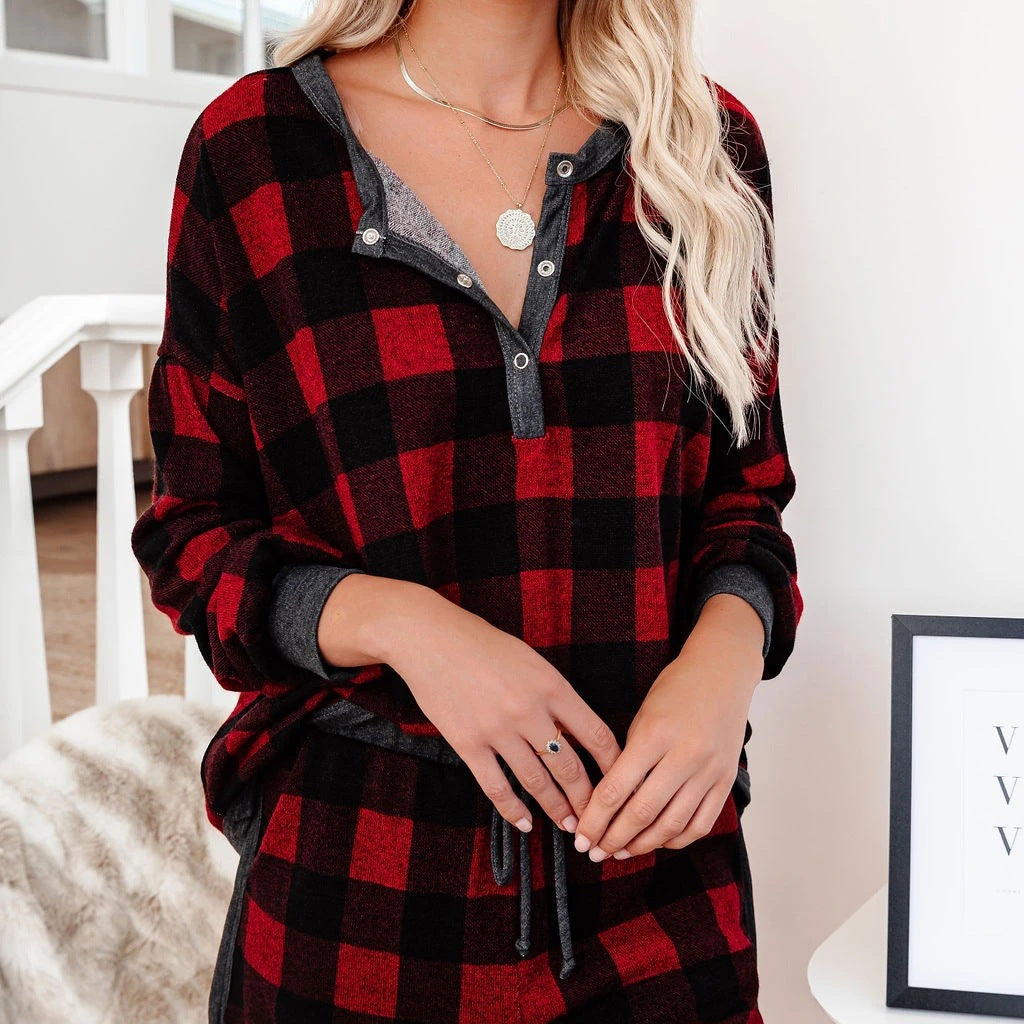 Damen Gemütliches Karo-Lounge-Set mit Kurzarmoberteil und Shorts Drune