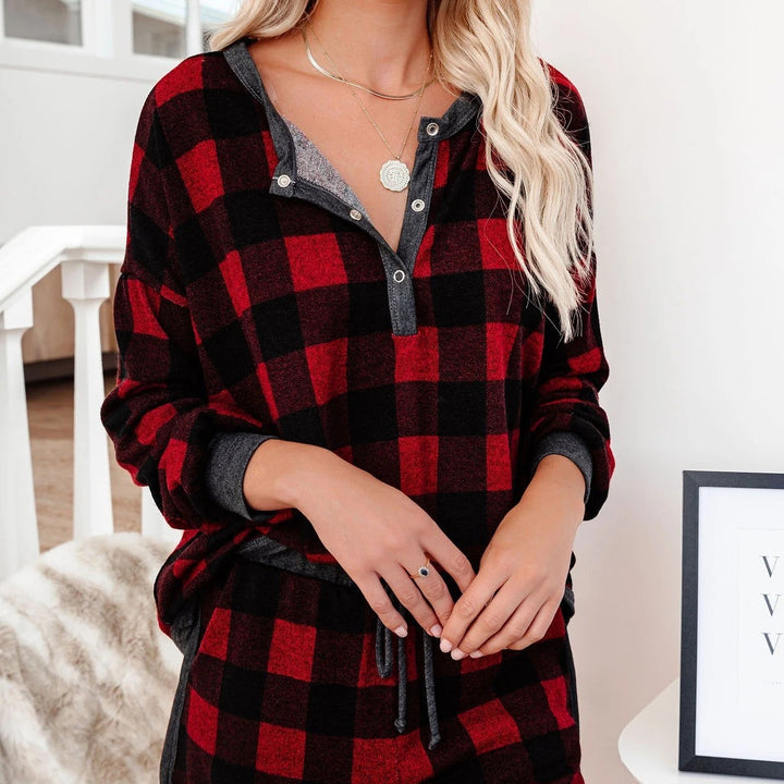 Damen Gemütliches Karo-Lounge-Set mit Kurzarmoberteil und Shorts Drune