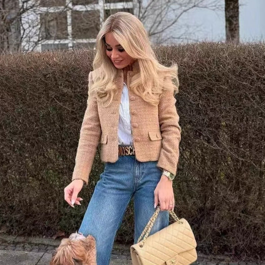 Damen elegante Blazerjacke im klassischen Tweed-Stil mit Knopfdetails Drune