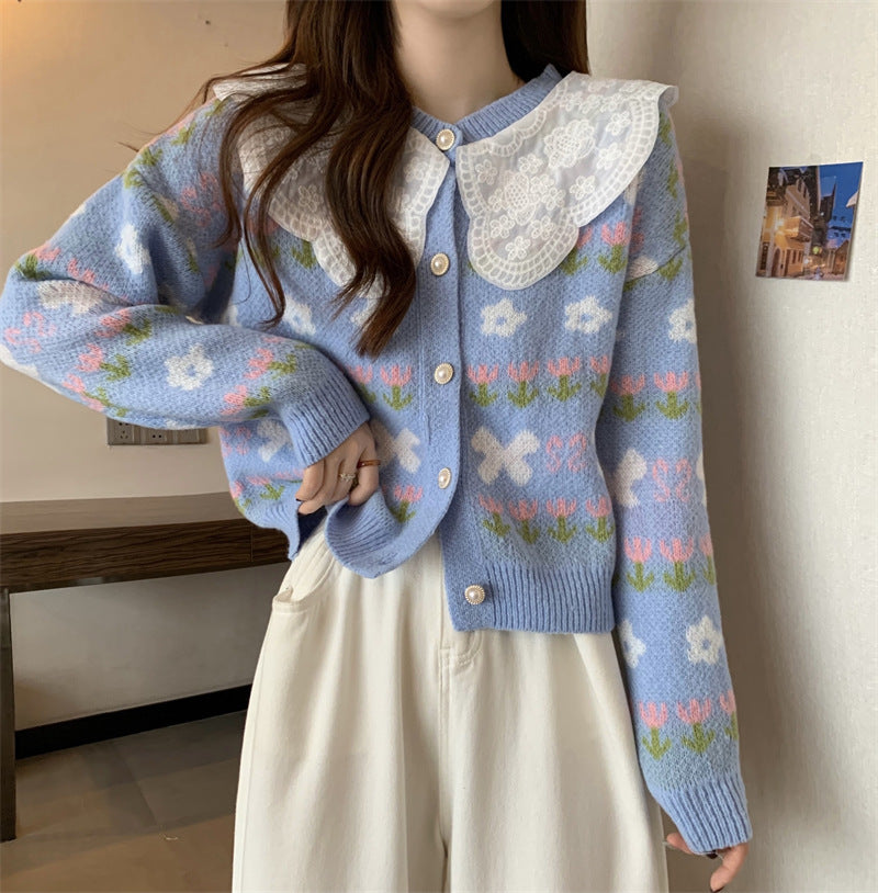 Damen modische Strickjacke mit Spitzenkragen und Floral-Design Drune