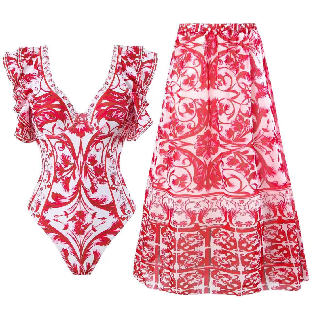 Damen Badeanzug-Set mit voluminösem Rüschendesign und floralem Wickelrock Drune