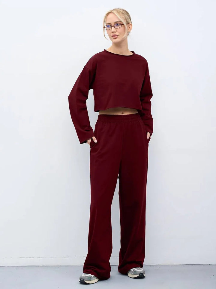 Damen Komfortables Cropped Sweatshirt und Weite Jogginghose Set Drune