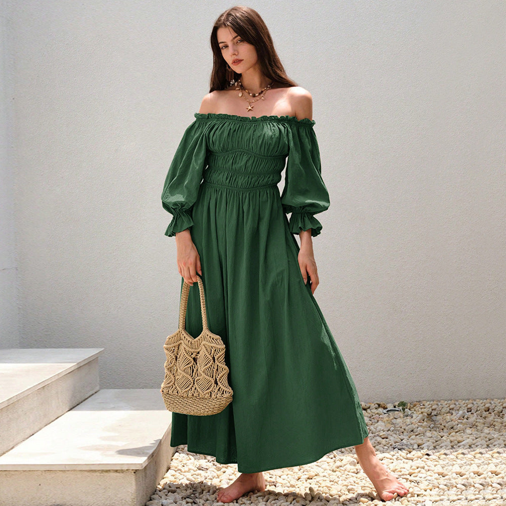 Damen Maxi-Kleid im eleganten Off-Shoulder-Stil mit gerafften Puffärmeln Drune