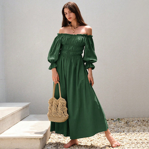 Damen Maxi-Kleid im eleganten Off-Shoulder-Stil mit gerafften Puffärmeln Drune