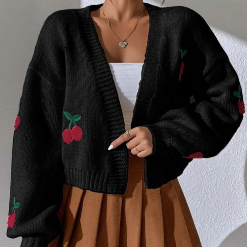 Damen Strickjacke mit floralem Kirschmuster Drune